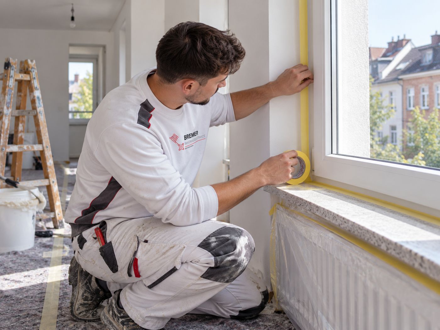 Maler klebt eine Fensterlaibung sorgfältig mit Malerkrepp ab