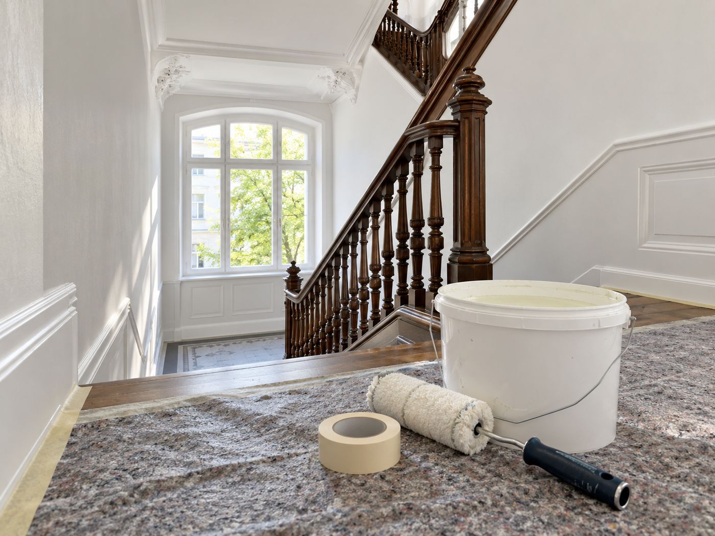 Frisch gestrichenes Treppenhaus in einem Bremer Altbau mit Farbeimer und Rolle im Vordergrund
