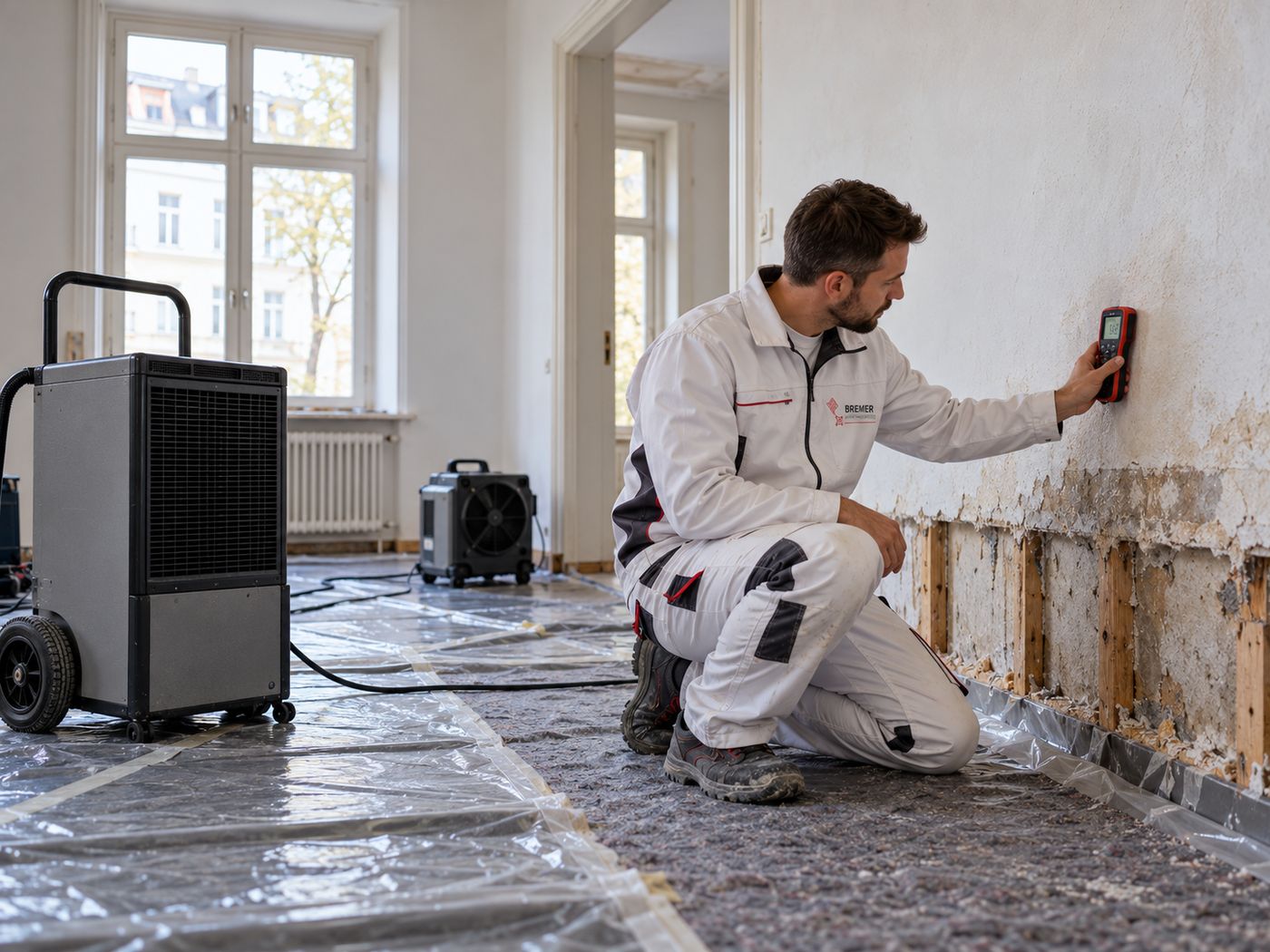 Mitarbeiter misst mit einem Feuchtemessgerät die Wand, daneben stehen Bautrockner